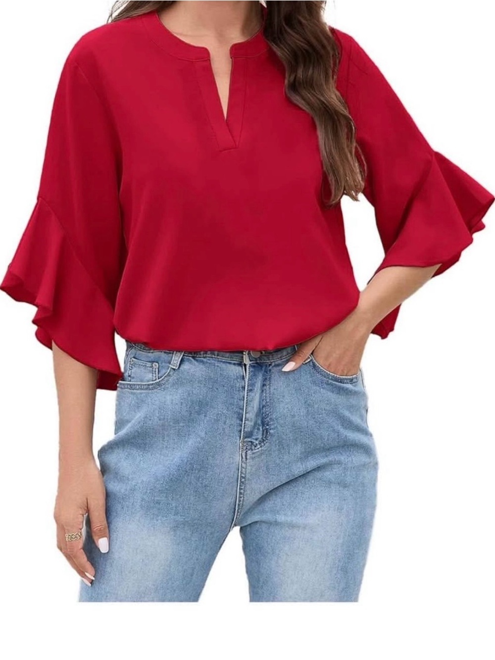 Red Ruffle Sleeve V-Neck Women's Top